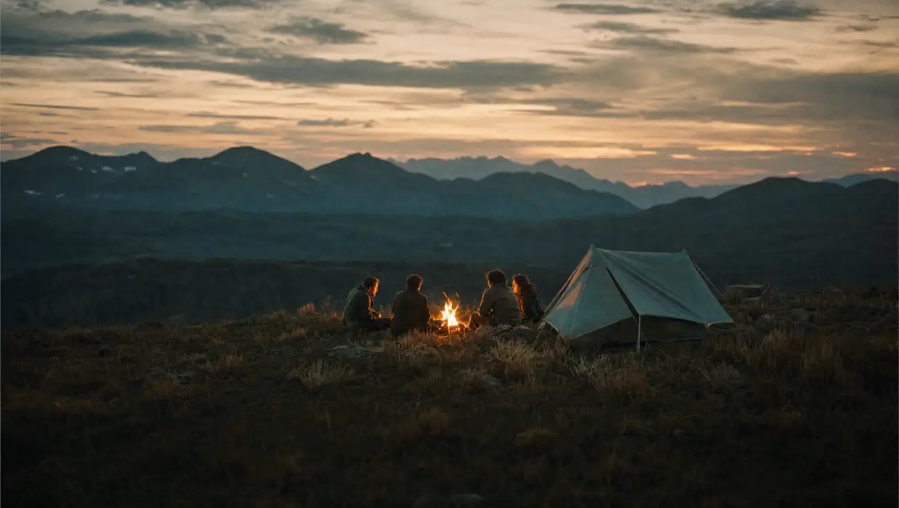 Friends around a campfire at dusk